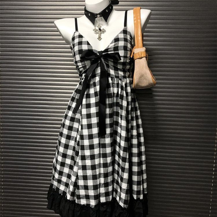 Retro Black And White Slim Fit Slimming Cinched Plaid Splicing Sling Bow Dress