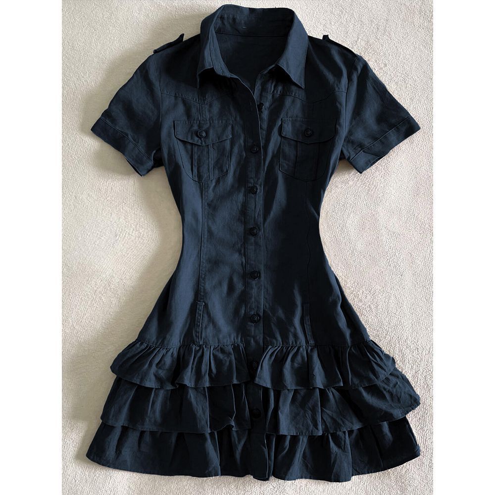 Navy Blue Collared Ruffle Cargo Button-Up Women's Dress