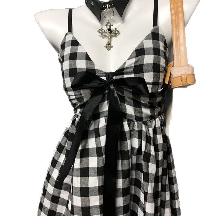 Retro Black And White Slim Fit Slimming Cinched Plaid Splicing Sling Bow Dress