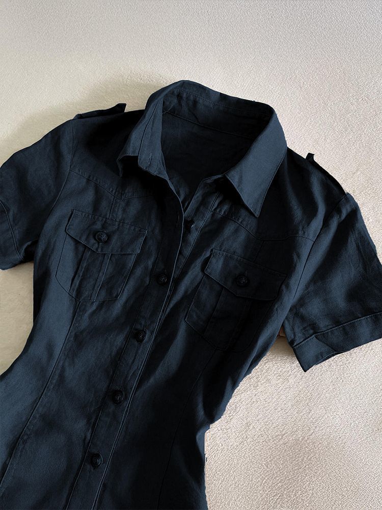 Navy Blue Collared Ruffle Cargo Button-Up Women's Dress