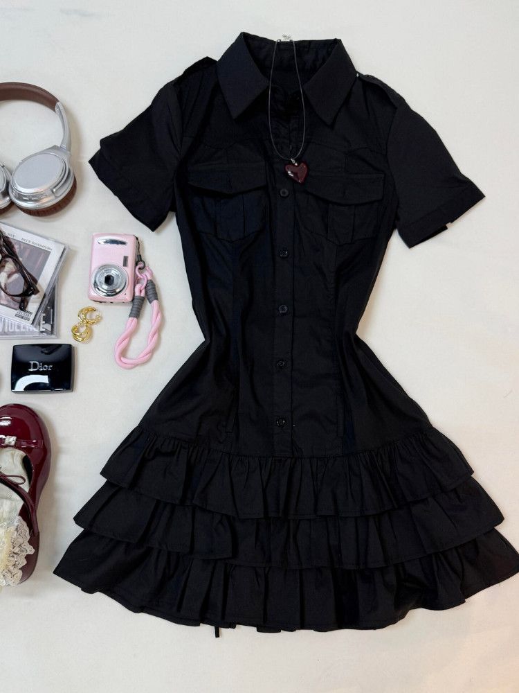 Navy Blue Collared Ruffle Cargo Button-Up Women's Dress
