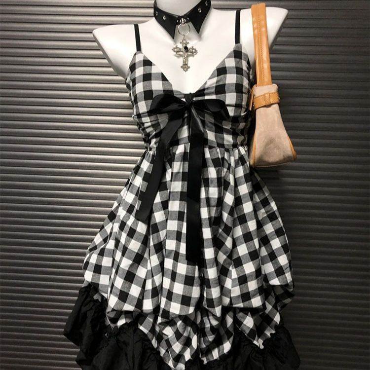 Retro Black And White Slim Fit Slimming Cinched Plaid Splicing Sling Bow Dress