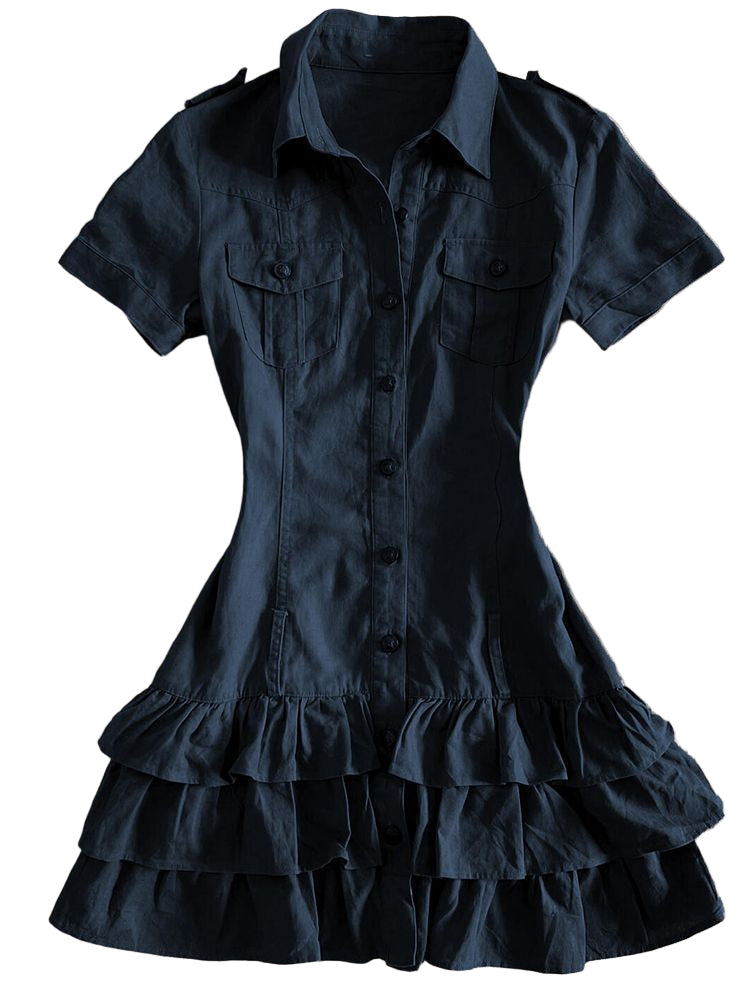 Navy Blue Collared Ruffle Cargo Button-Up Women's Dress