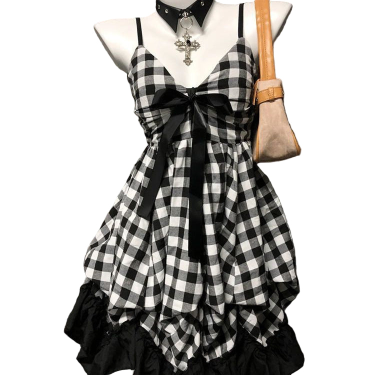 Retro Black And White Slim Fit Slimming Cinched Plaid Splicing Sling Bow Dress