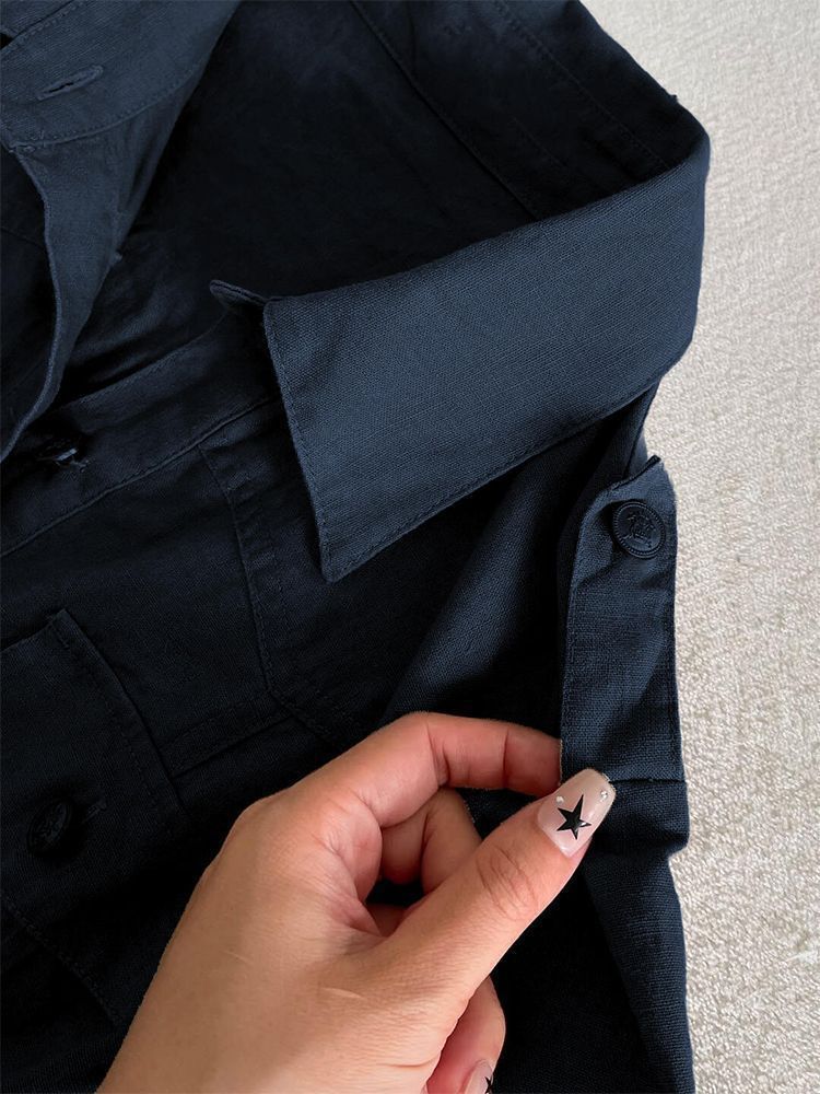 Navy Blue Collared Ruffle Cargo Button-Up Women's Dress