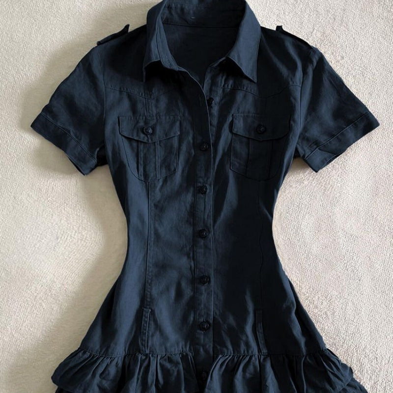 Navy Blue Collared Ruffle Cargo Button-Up Women's Dress