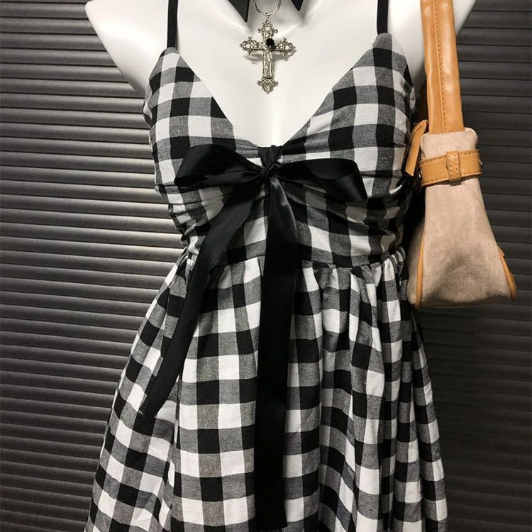 Retro Black And White Slim Fit Slimming Cinched Plaid Splicing Sling Bow Dress