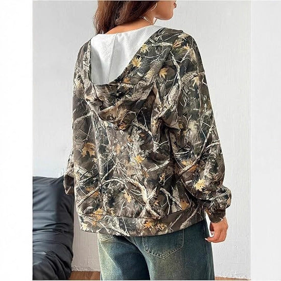Camo Zip-Up Hoodie Fashion Trend Multicolor Casual Style Cardigan Zipper