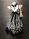 Retro Black And White Slim Fit Slimming Cinched Plaid Splicing Sling Bow Dress