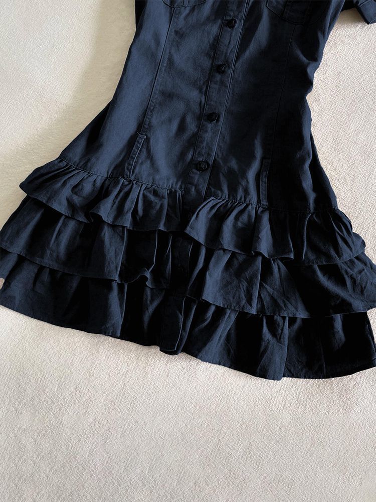 Navy Blue Collared Ruffle Cargo Button-Up Women's Dress