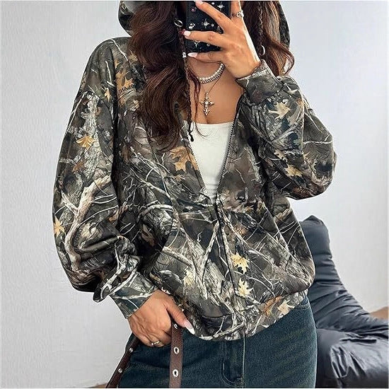 Camo Zip-Up Hoodie Fashion Trend Multicolor Casual Style Cardigan Zipper