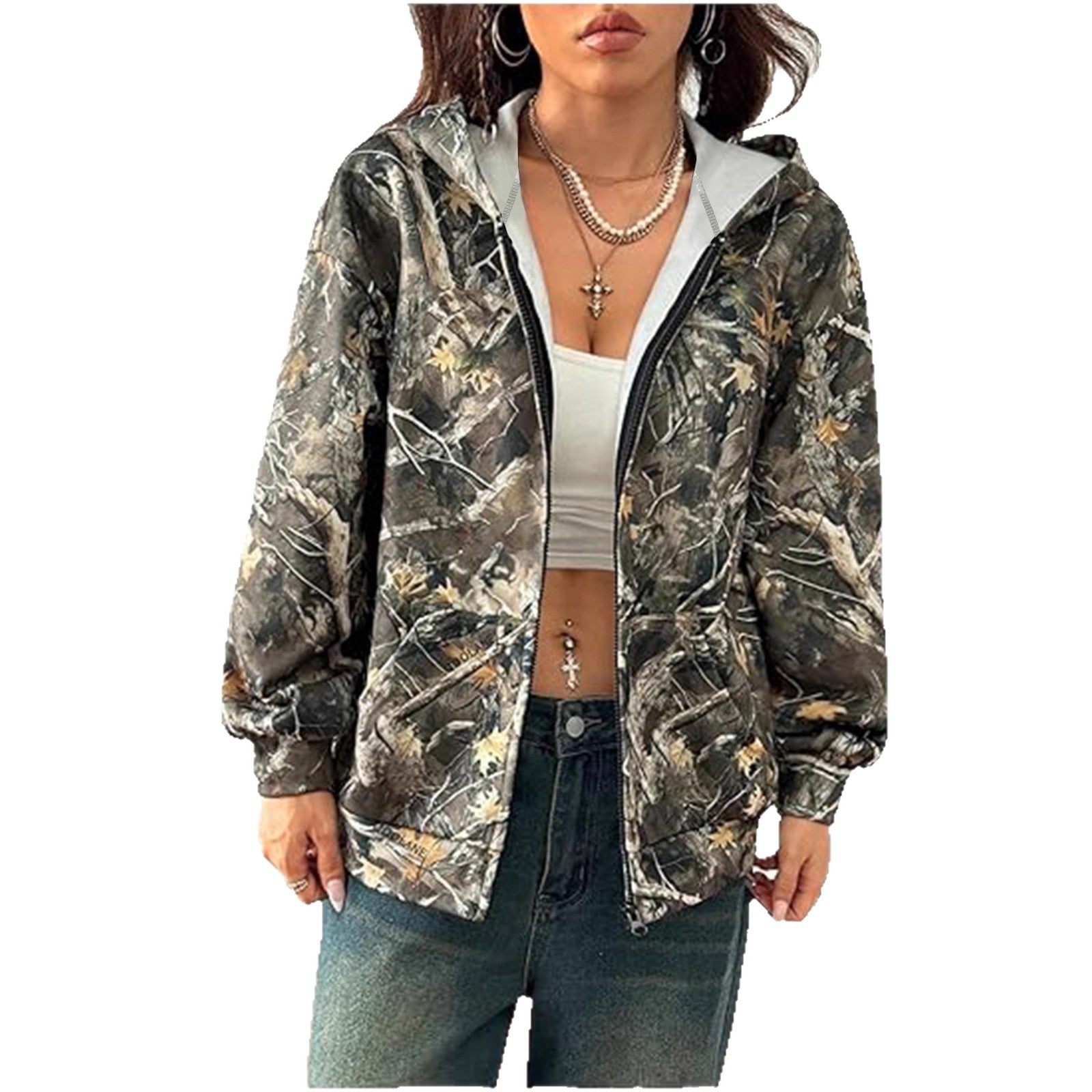 Camo Zip-Up Hoodie Fashion Trend Multicolor Casual Style Cardigan Zipper