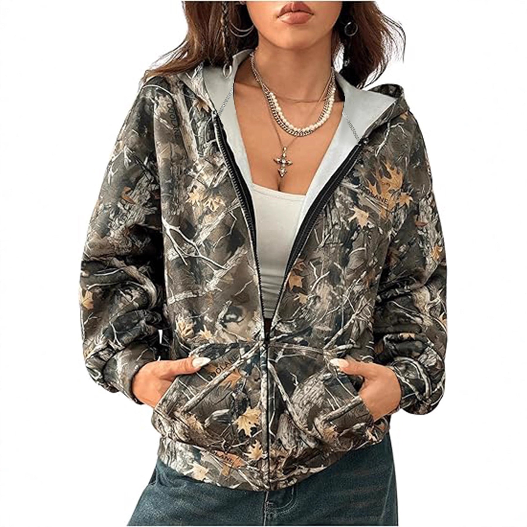 Camo Zip-Up Hoodie Fashion Trend Multicolor Casual Style Cardigan Zipper