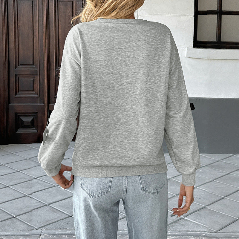 Bow Decoration Gray Round-Collar Sweater For Women