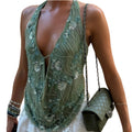 Street Hollow-out Sequin V-neck Sleeveless Halter Sexy Backless Slim Fit Top